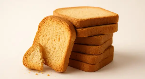 Una pila di fette biscottate dorate, alcune spezzate. Si dice che le fette biscottate facciano male, ma sono così invitanti.