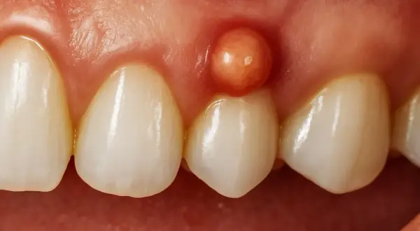 Bolsa periodontal con pus, una protuberancia rojiza en la encía cerca de los dientes.