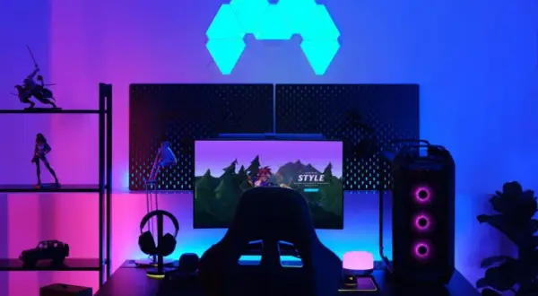 A gamer's setup with RGB lighting, where RGB stands for Red, Green, and Blue, creating a vibrant atmosphere.