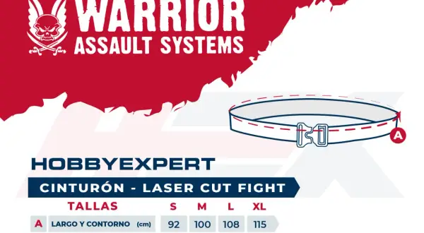 Cinturón HOBBYEXPERT con sistema molle laser cut, ideal para combate. Tallas S, M, L, XL con medidas de largo y contorno en cm.