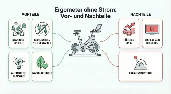 Übersicht über Ergometer ohne Strom: Vorteile wie Standortfreiheit und Nachhaltigkeit, aber auch Nachteile wie höherer Preis und Anlaufwiderstand.