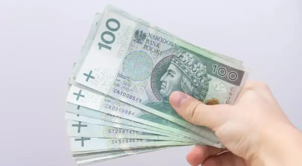 Dłoń trzyma stos banknotów 100 zł. To może być pomocne przy składaniu wniosku o bon energetyczny 2026.