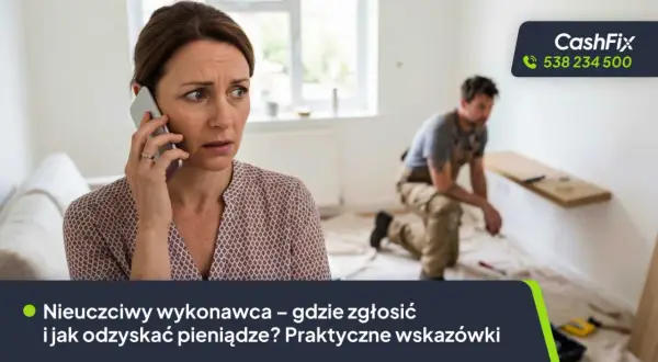 Zmartwiona kobieta rozmawia przez telefon, szukając informacji, gdzie można zgłosić nieuczciwego pracodawcę.