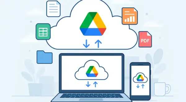 Chmura Google synchronizuje pliki między laptopem a telefonem. Ikony dokumentów, arkuszy i PDF unoszą się wokół.