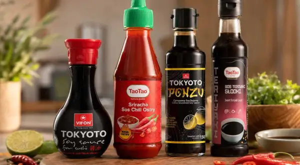Cztery butelki sosów: sojowy, sriracha, ponzu i teriyaki, idealne do sushi.
