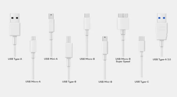 Zestaw białych kabli USB: USB Type-A, Mini-A, Micro-B, Micro-B Super Speed, Type-A 3.0, Micro-A, Type-B, Mini-B, Type-C.