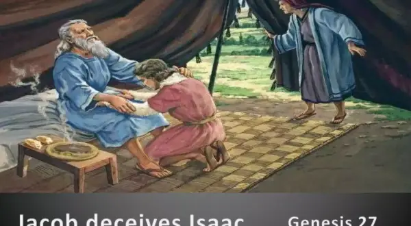 Ojciec Ezawa i Jakuba, Izaak, leży w łóżku, gdy Jakub klęczy przy nim. Rebeka obserwuje zza zasłony.