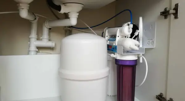 Système de filtration d'eau sous évier, incluant un réservoir blanc et un filtre violet, pour une purification par **osmose inverse**.