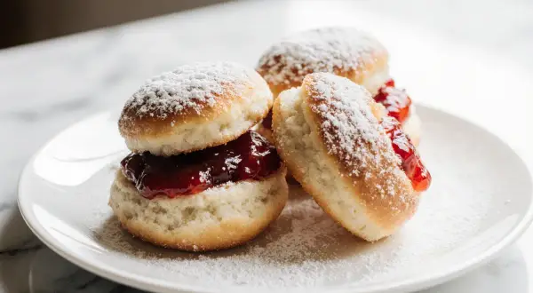 Lufterfrischte Berliner mit Marmelade, bestäubt mit Puderzucker, auf einem Teller.