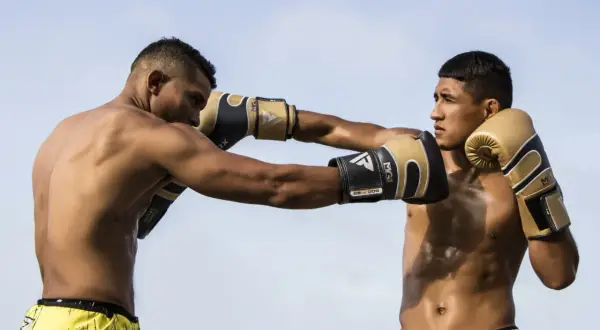Two boxers face off, one throwing a punch while the other prepares to parry vs block.