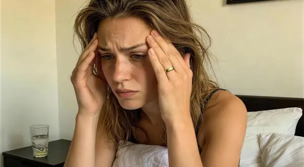 Woman with hands on temples, looking distressed in bed. She's experiencing insomnia before her period, a common struggle.