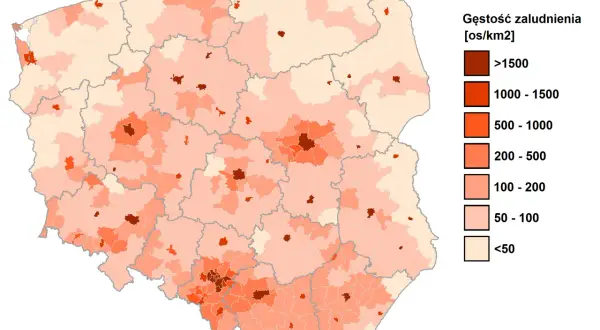 Mapa Polski z zaznaczoną gęstością zaludnienia. Najwięcej osób mieszka w okolicach dużych miast, tworząc gęste skupiska.