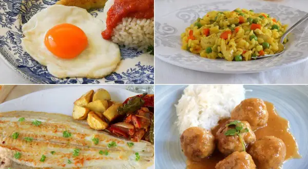 Cuatro platos deliciosos: huevo frito con arroz y plátano, arroz con pollo y verduras, pescado a la plancha con patatas y pimientos, y albóndigas con arroz. ¡Ideas geniales para recetas para niños!