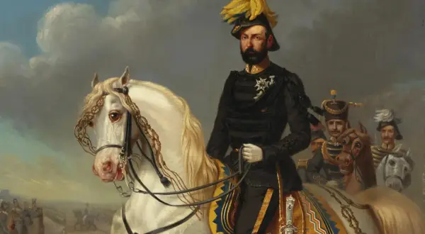 En ståtlig man i militäruniform på vit häst, en del av en större scen som kan illustrera en del av svenska kungar tidslinje.