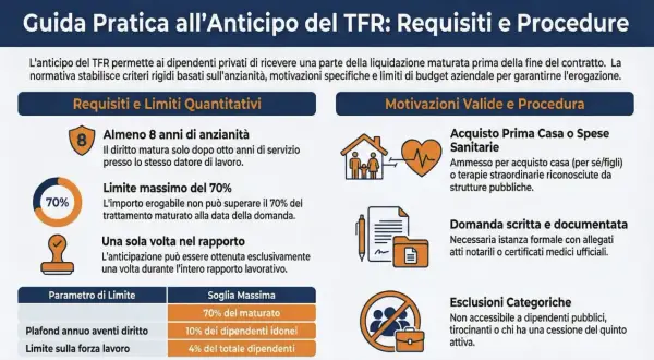 Guida pratica anticipo TFR: requisiti (8 anni anzianità, max 70%) e motivazioni (casa, salute). Richiesta anticipo TFR per difficoltà economiche.