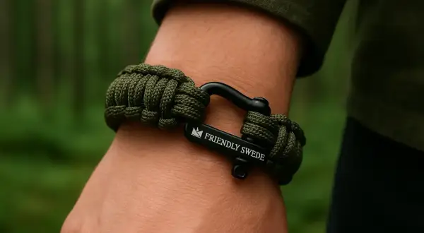 Pulsera de paracord que es un accesorio de supervivencia y moda, con cierre de grillete negro y logo "FRIENDLY SWEDE".
