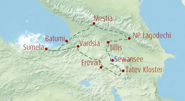 Eine Kaukasus Karte zeigt eine Reiseroute von Sumela über Batumi, Mestia, Vardsia, Tiflis, Sewansee, Tatev Kloster bis NP Lagodechi.