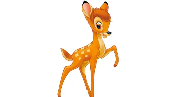 Uroczy Bambi, bohater kultowej bajki, wesoło podskakuje.