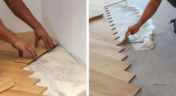 Pose de carrelage imitation parquet. Un artisan applique la colle pour un nouveau sol en bois.