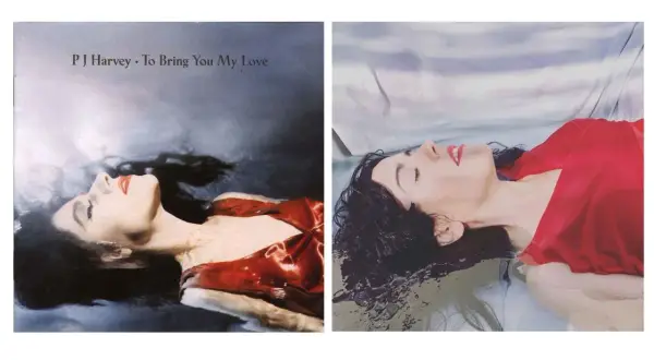 Portada album musica: PJ Harvey "To Bring You My Love", una mujer con cabello oscuro y vestido rojo flota en agua.