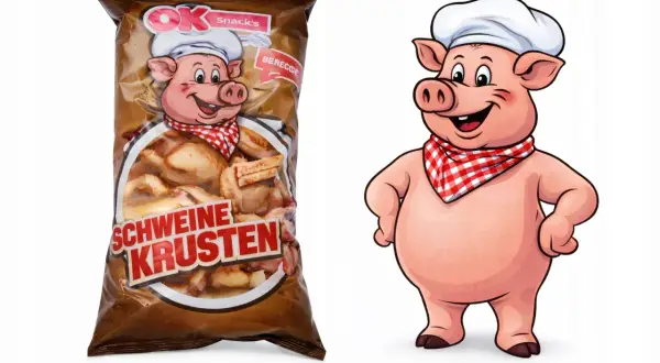 Chrupiące skórki wieprzowe, gdzie kupić? Opakowanie z wesołą świnką w czapce kucharskiej.