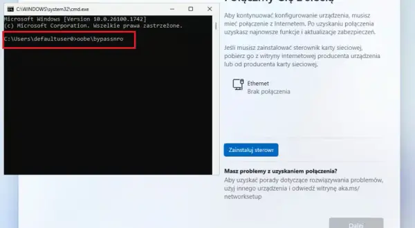 Komunikat o błędzie podczas aktualizacji Windows 11, pokazujący wiersz poleceń z komendą "oobe\bypassnro" i okno z prośbą o połączenie z siecią.