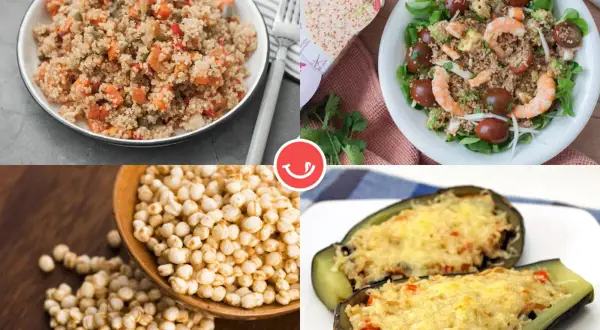 Cuatro imágenes de deliciosas recetas con quinoa: ensalada con camarones, berenjenas rellenas, quinoa con verduras y granos de quinoa.