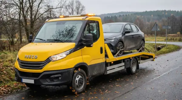 Żółta laweta Iveco z ciemnym samochodem na platformie. Zastanawiasz się, ile kosztuje laweta?