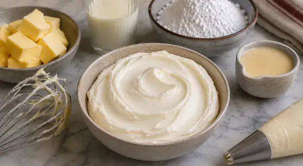 Préparation d'une crème onctueuse : lait, sucre glace, beurre en dés, et une belle crème pour remplacer beurre par creme fraiche.