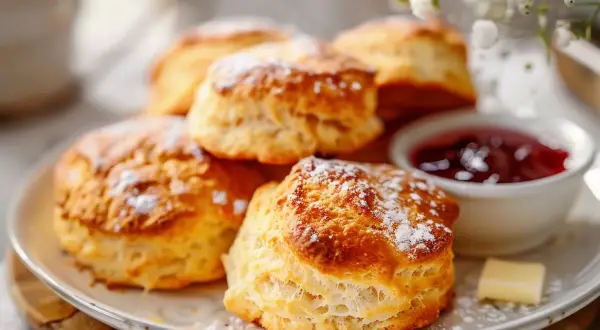 En tallrik med gyllene, fluffiga scones, pudrade med florsocker. Bredvid en skål med sylt och en klick smör. Världens godaste scones för en mysig fika.