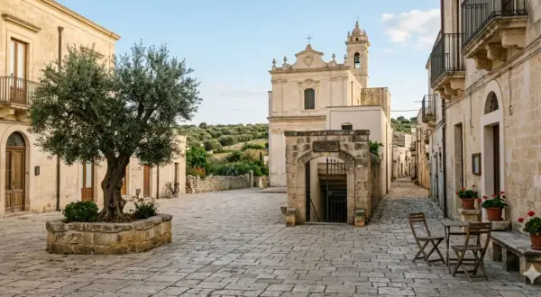 Piazza con ulivo secolare, chiesa barocca e frantoio ipogeo. Un assaggio di entroterra Salento cosa vedere, tra vicoli e storia.