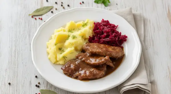 Bitki wieprzowe w sosie własnym z cebulką, podane z purée ziemniaczanym i buraczkami. Pyszny, domowy obiad.