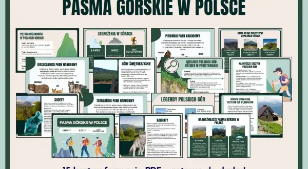 Wizualna prezentacja pasm górskich w Polsce, zawierająca informacje o Bieszczadach, Sudetach, Tatrach, Pieninach, Górach Świętokrzyskich, ich geologii, zagrożeniach, legendach i szlakach.