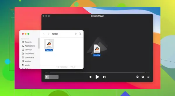 Elmedia Player shows a folder with a "Your File" video, ready to play a quicktime mp4.