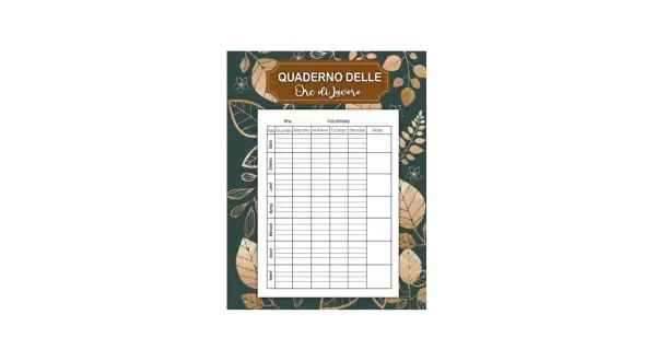 Quaderno per registrare le ore di lavoro, utile per chi fa lavoro a turni. Contiene colonne per data, orari, ore lavorate e totali.