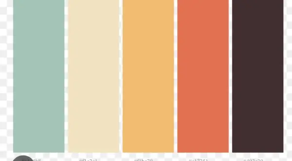 A color palette featuring seafoam green, cream, peach, coral, and deep plum. This palette shows what color goes with seafoam green for a harmonious design.
