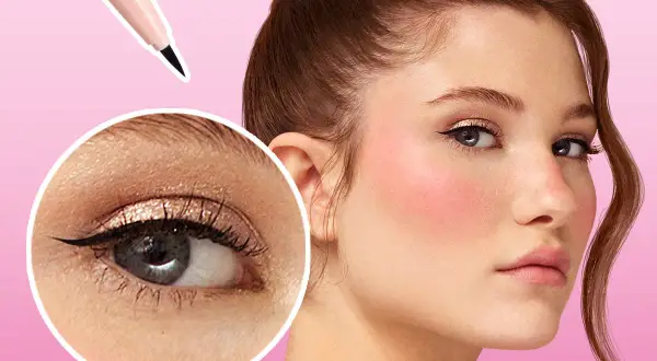 Un trait d'eye liner discret sublime un œil maquillé, accentuant la beauté naturelle. Un applicateur est montré en haut.