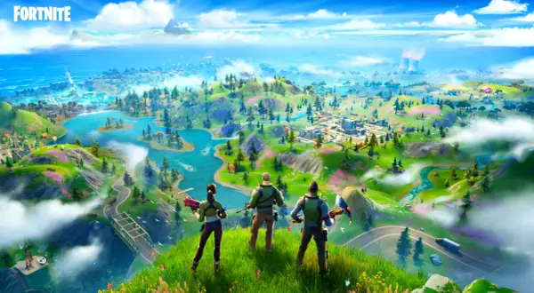 Trzech graczy patrzy na wyspę z gry Fortnite. To właśnie Fortnite, co to za gra? Kolorowa mapa z budynkami, rzekami i górami.