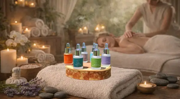 Flaconi di oli essenziali antinfiammatori e antidolorifici in un'atmosfera rilassante da spa, con massaggio sullo sfondo.