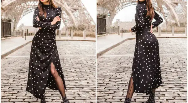 Elegancka sukienka w grochy, idealna na paryski spacer. Jakie dodatki do sukienki w grochy? Beret, rajstopy i botki w tym samym stylu.