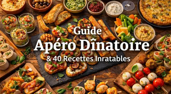 Table de présentation pour un apéro dînatoire : tartines, brochettes, verrines, quiche et dips. Un festin visuel !