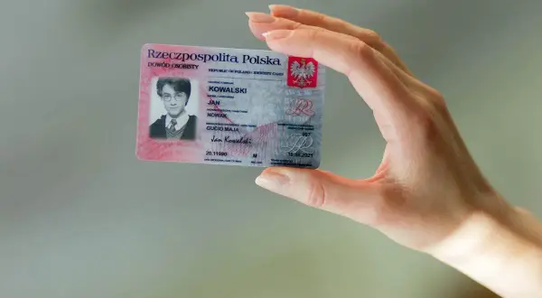 Dłoń trzyma polski dowód osobisty Jana Kowalskiego. Tylko osoba pełnoletnia może wziąć do ręki dowód osobisty.