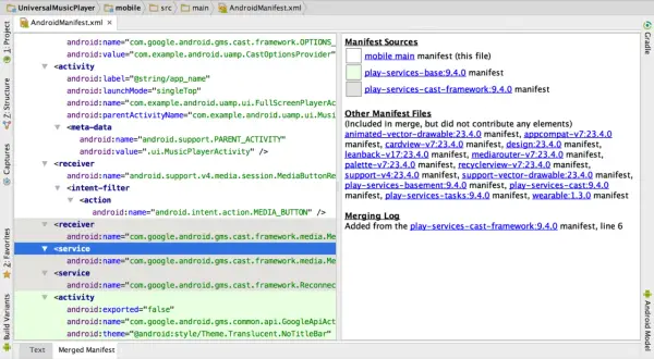Le fichier manifest.xml montre les sources et les autres fichiers manifest inclus dans la fusion, avec des détails sur les dépendances.