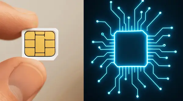Karta internetowa w dłoni i schemat układu scalonego.
