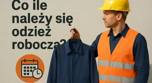 Budowlaniec z kaskiem i kamizelką odblaskową trzyma kurtkę roboczą. Obok kalendarz z zegarem, sugerujący pytanie: co ile należy się odzież robocza?