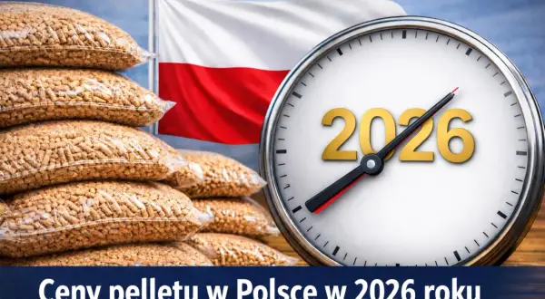 Stos worków pelletu, polska flaga i zegar wskazujący 2026 rok. Gdzie jest pellet? Ceny pelletu w Polsce w 2026 roku.