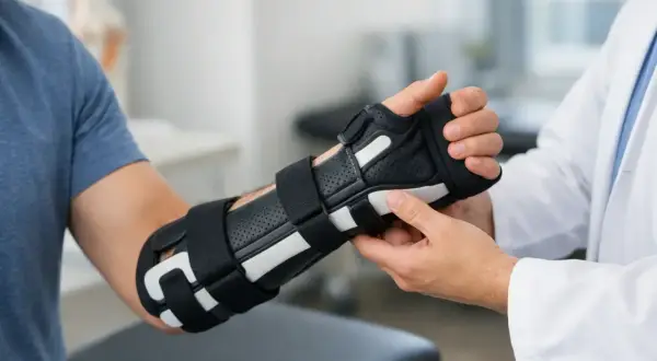 Un medico applica un'ortesi al polso di un paziente. Le ortesi sono dispositivi medici che supportano e stabilizzano parti del corpo.