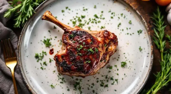 Jarret de porc demi-sel, parfaitement rôti, garni de persil frais. Une invitation à la dégustation.