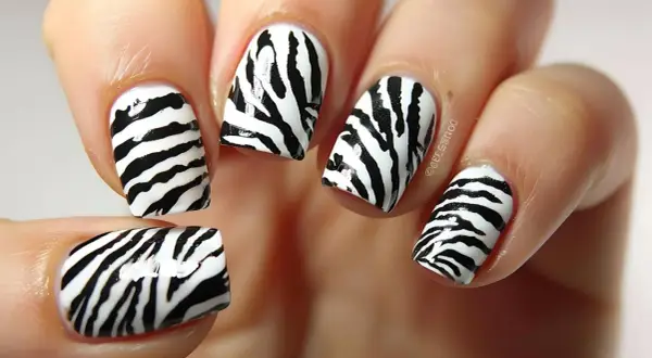 Paznokcie motyw zwierzęcy w stylu zebra. Czarne pasy na białym tle tworzą dziki wzór.
