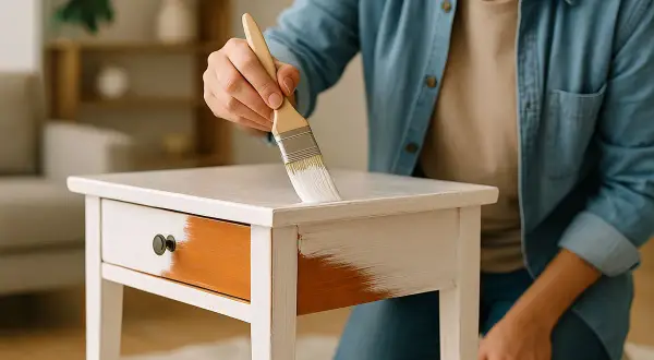 Mano che dipinge un tavolino, creando nuovi strati di vernice bianca su un cassetto arancione.